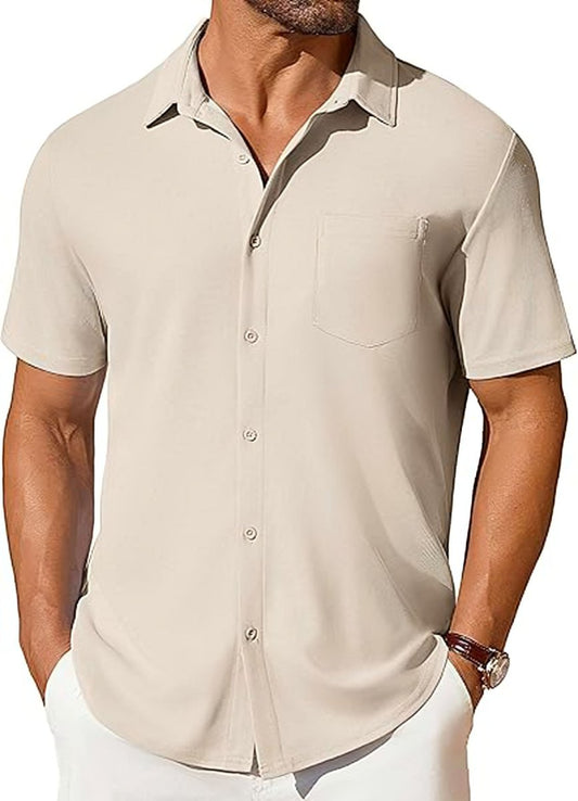 Men's short-sleeve wrinkle-resistant button-up shirt in beige with chest pocket by Ancient Energy