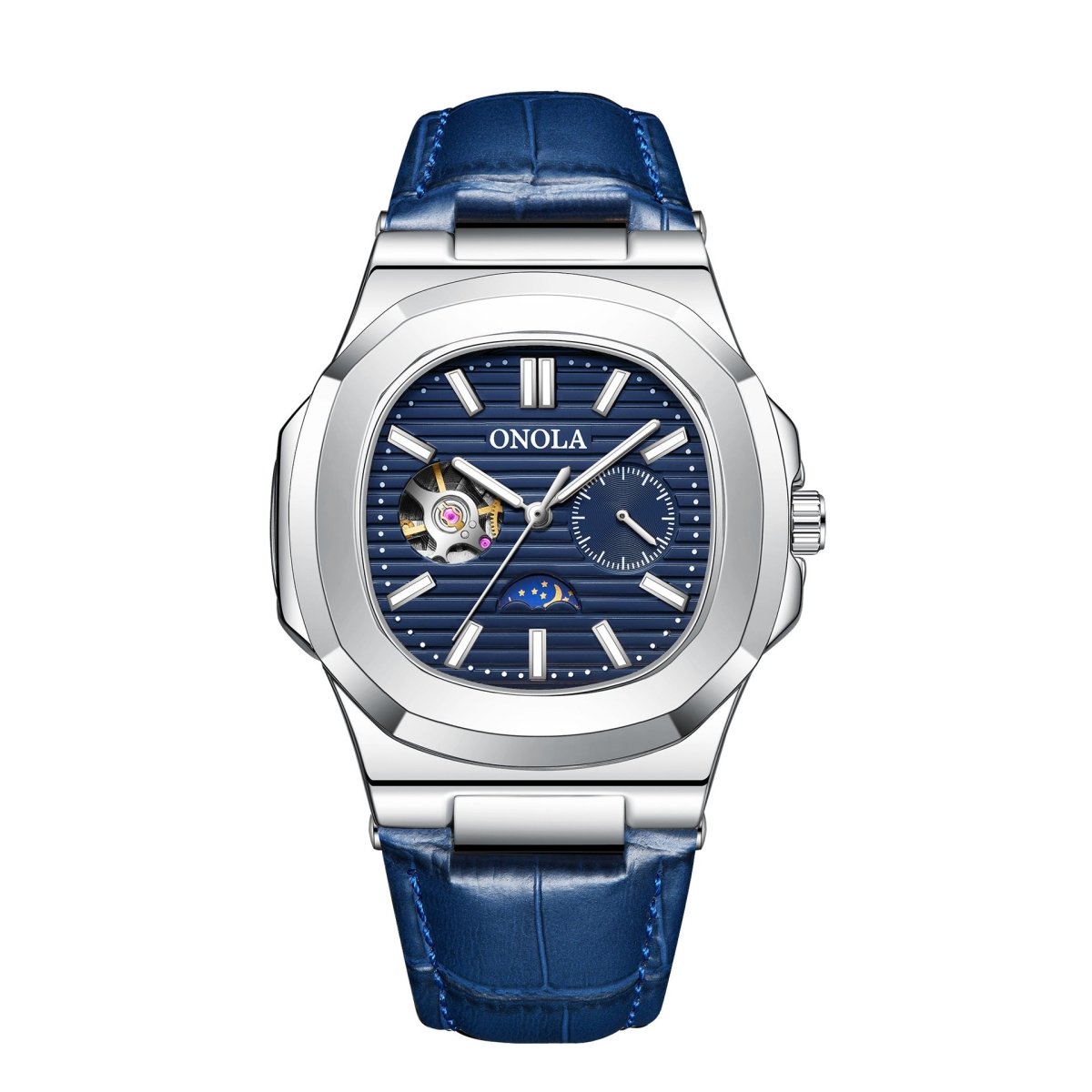 Mechanical watch with blue dial and blue leather strap, brand ONOLA.
