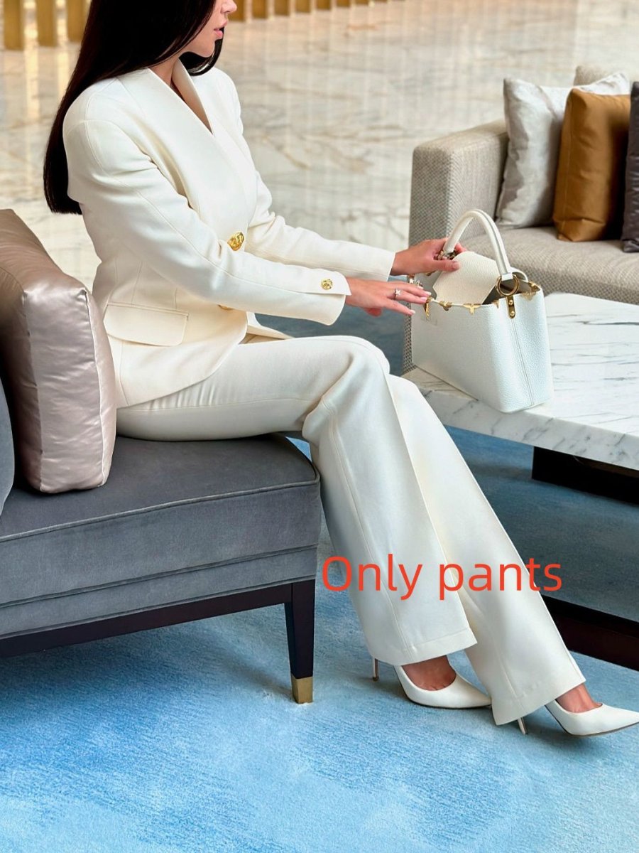 Solid color blazer and high-waisted pants set, white with gold button details