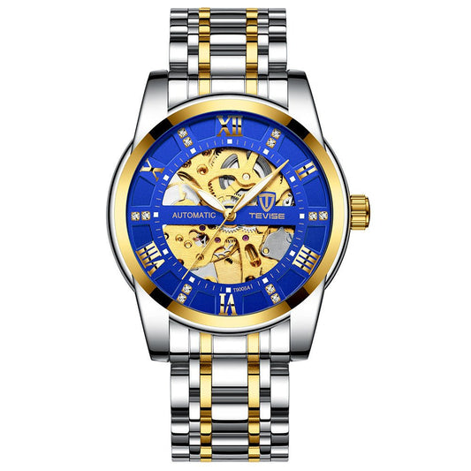 Mechanical skeleton watch with blue dial and two-tone stainless steel and gold bracelet, TEVISE.