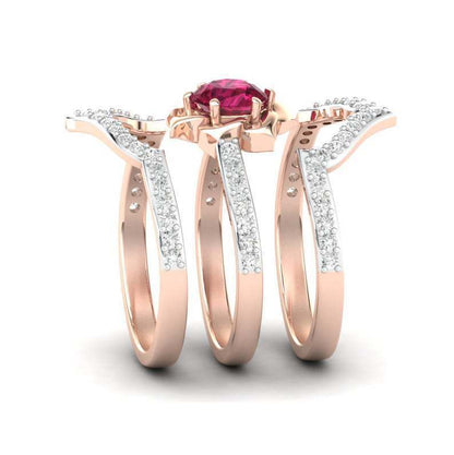 Exquisite Rose Gold Flower Ring Anniversary Proposal Jewelry Women Engagement Wedding Band Ring Set - MANDOTOS