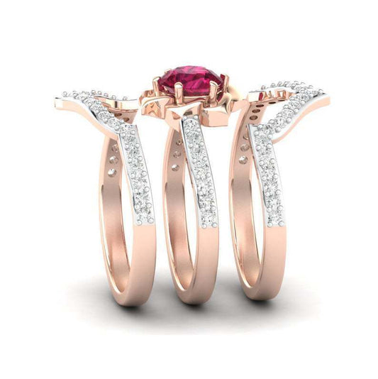 Exquisite Rose Gold Flower Ring Anniversary Proposal Jewelry Women Engagement Wedding Band Ring Set - MANDOTOS