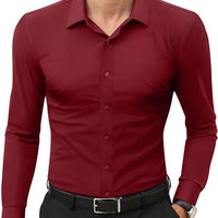 Men's Slim-Fit Solid-Color Work Shirt in burgundy by Ancient Energy, long-sleeve button-down.