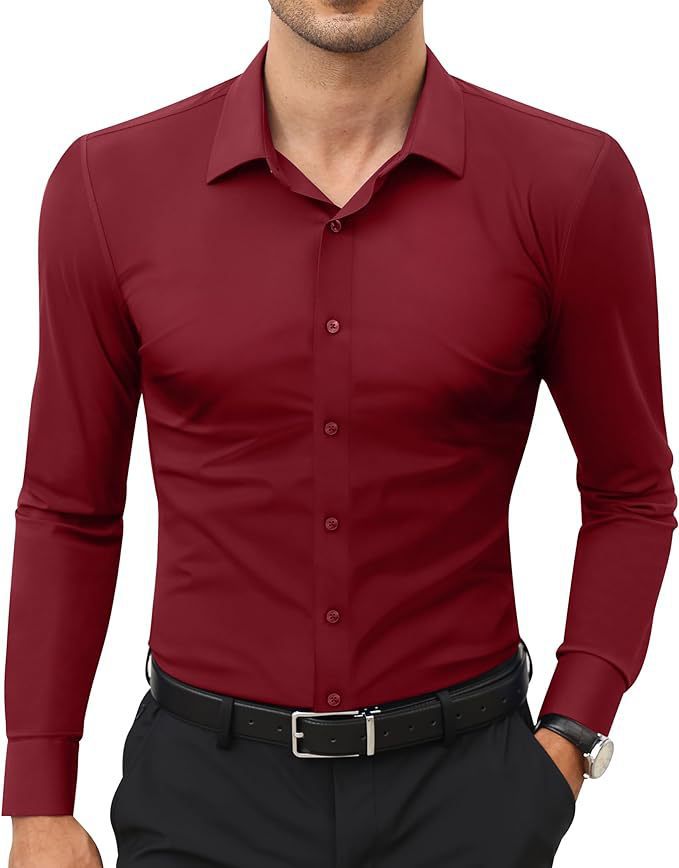 Men's Slim-Fit Solid-Color Work Shirt in burgundy by Ancient Energy, long-sleeve button-down.