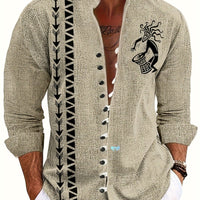 Mens fashion shirt top by Ancient Energy; beige textured fabric with black geometric trim and chest tribal print.
