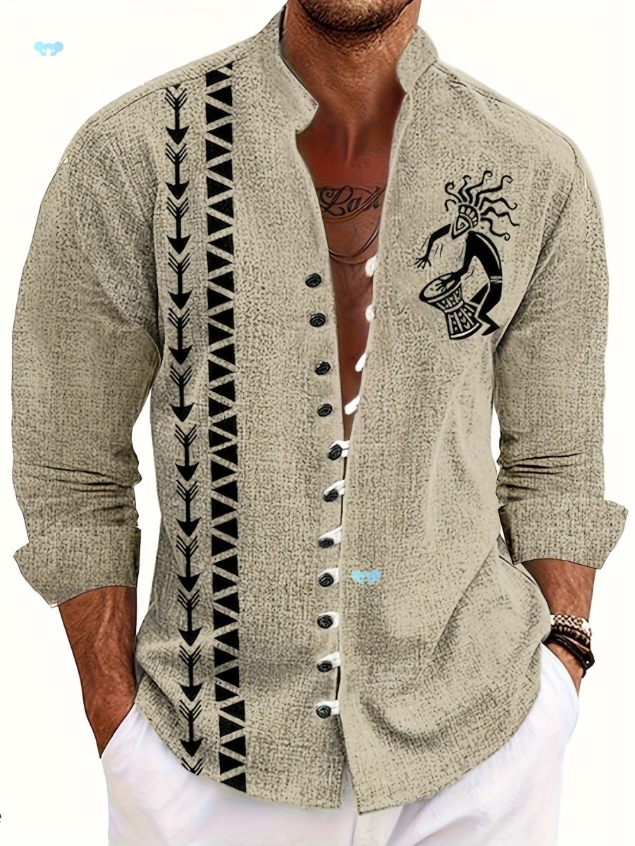 Mens fashion shirt top by Ancient Energy; beige textured fabric with black geometric trim and chest tribal print.