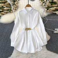 Women's Elegant Lapel Button-Down Top With Adjustable Metal Waist Belt Solid Color Loose Fit Blouse For Casual & Office Wear