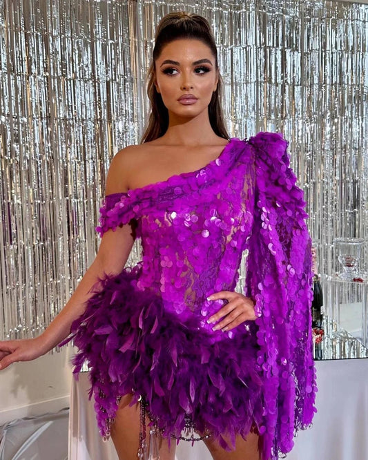 Purple Sequined Feather Skirt One-shoulder Sleeve Short Dress Luxury Party Stage Performance Dress MANDOTOS