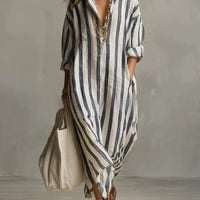 Striped Lapel Collar Dress – Side Slits & Pockets