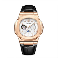 Mechanical watch from ONOLA with rose-gold case, sun-moon-stars dial, black leather strap.