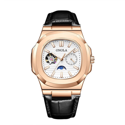Mechanical watch from ONOLA with rose-gold case, sun-moon-stars dial, black leather strap.