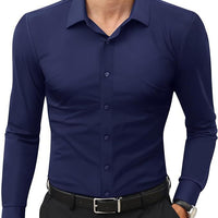 Men's navy slim-fit solid-color work shirt, long-sleeve button-down.