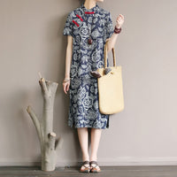 Retro Floral Cotton Dress with Side Slit