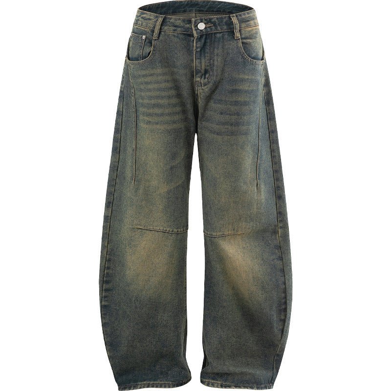 Versatile High-Street Mens Straight-Leg Denim Jeans, blue denim with faded wash