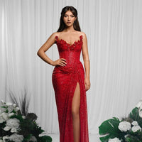 Drop-shaped Diamond Sexy Low-cut High Sitt Red Paillette Tube Coat And Dress MANDOTOS