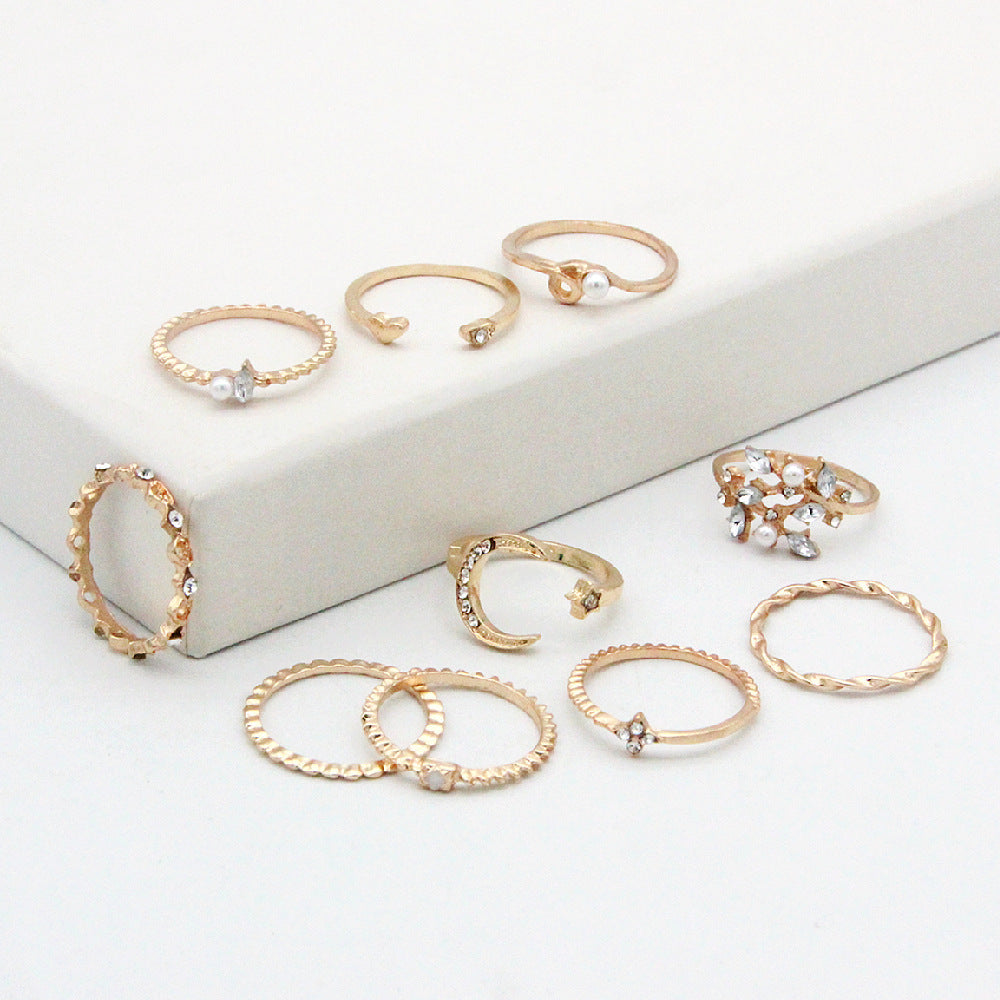 Bohemian Fashion Star Moon Love Pearl Leaf 10-Piece Ring - MANDOTOS