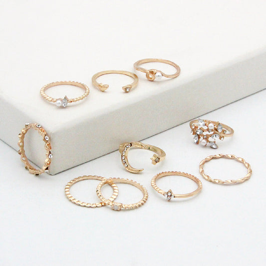 Bohemian Fashion Star Moon Love Pearl Leaf 10-Piece Ring - MANDOTOS