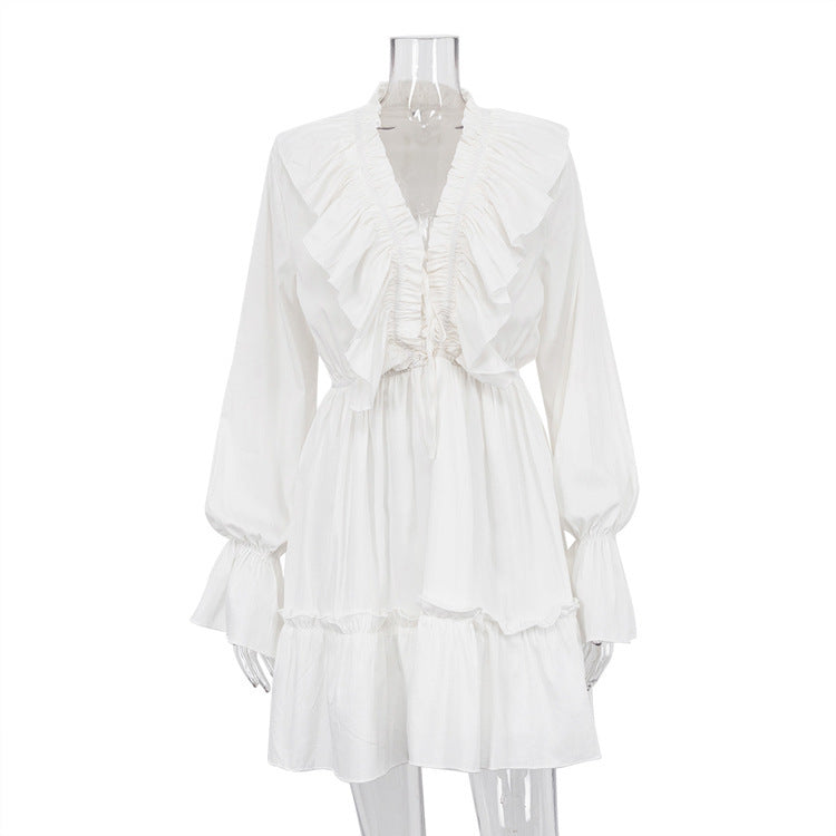 Fashion V Neck Pleated Ruffle Long Sleeve Dress Y2K V Neck Flared Sleeve Short Dress Women's Clothing - MANDOTOS