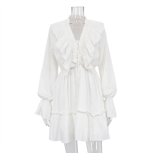 Fashion V Neck Pleated Ruffle Long Sleeve Dress Y2K V Neck Flared Sleeve Short Dress Women's Clothing - MANDOTOS