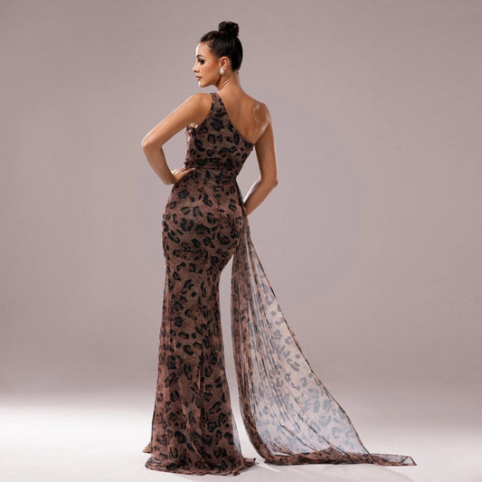 One-shoulder Diagonal Collar Leopard Sequined Evening Dress MANDOTOS