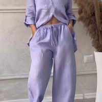 Wide-Leg Pants & Lace-Up Top Two-Piece Set – Solid Color, 12 Colors S–5XL