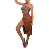 Sexy Tube Top Temperament High Slit Pure Color Sequins Evening Dress MANDOTOS