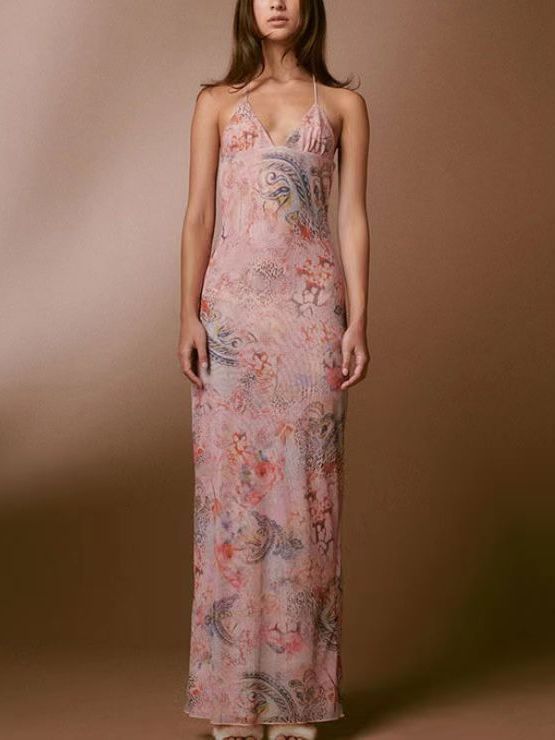 Floral Print Halter Spaghetti Straps Dress Sexy Slim Butterfly Back Dressess Spring Summer Womens Clothing - MANDOTOS