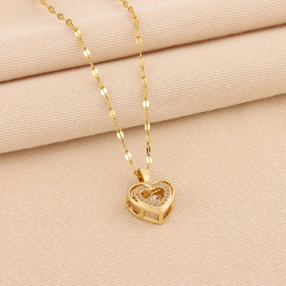 Double-layer Love Necklace With Rhinestones Titanium Steel Pendant Fashion Jewelry Woman Valentines Day Gift - MANDOTOS