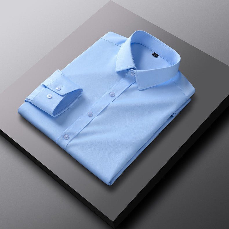 Mens Slim-Fit Solid-Color Work Shirt in light blue by Ancient Energy, neatly folded