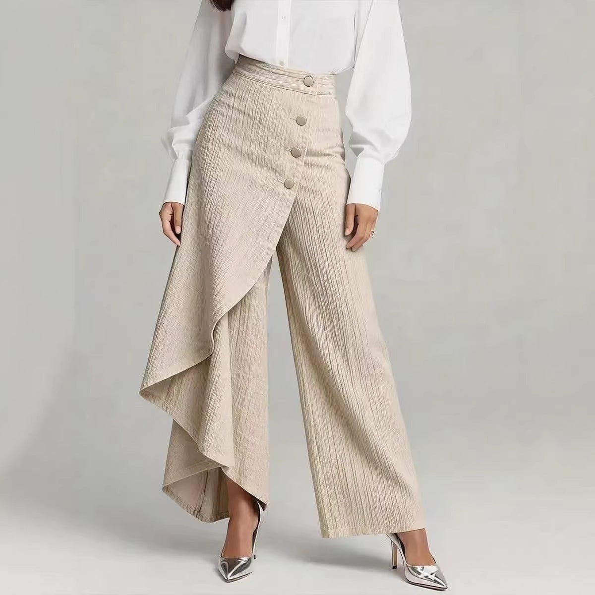 Ancient Energy women's beige straight-leg pants with asymmetrical ruffle overwrap and button front