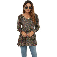 Long Puff Sleeve Tops Women Flowers Print Casual V - Neck Blouse T-Shirts Babydoll Tops - MANDOTOS INTERNATIONAL0