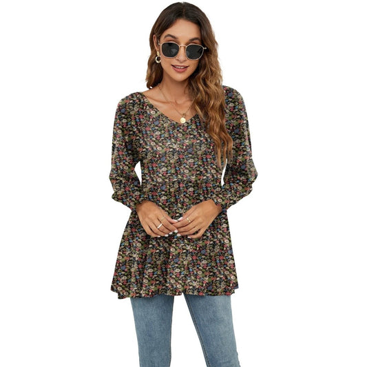 Long Puff Sleeve Tops Women Flowers Print Casual V - Neck Blouse T-Shirts Babydoll Tops - MANDOTOS INTERNATIONAL0