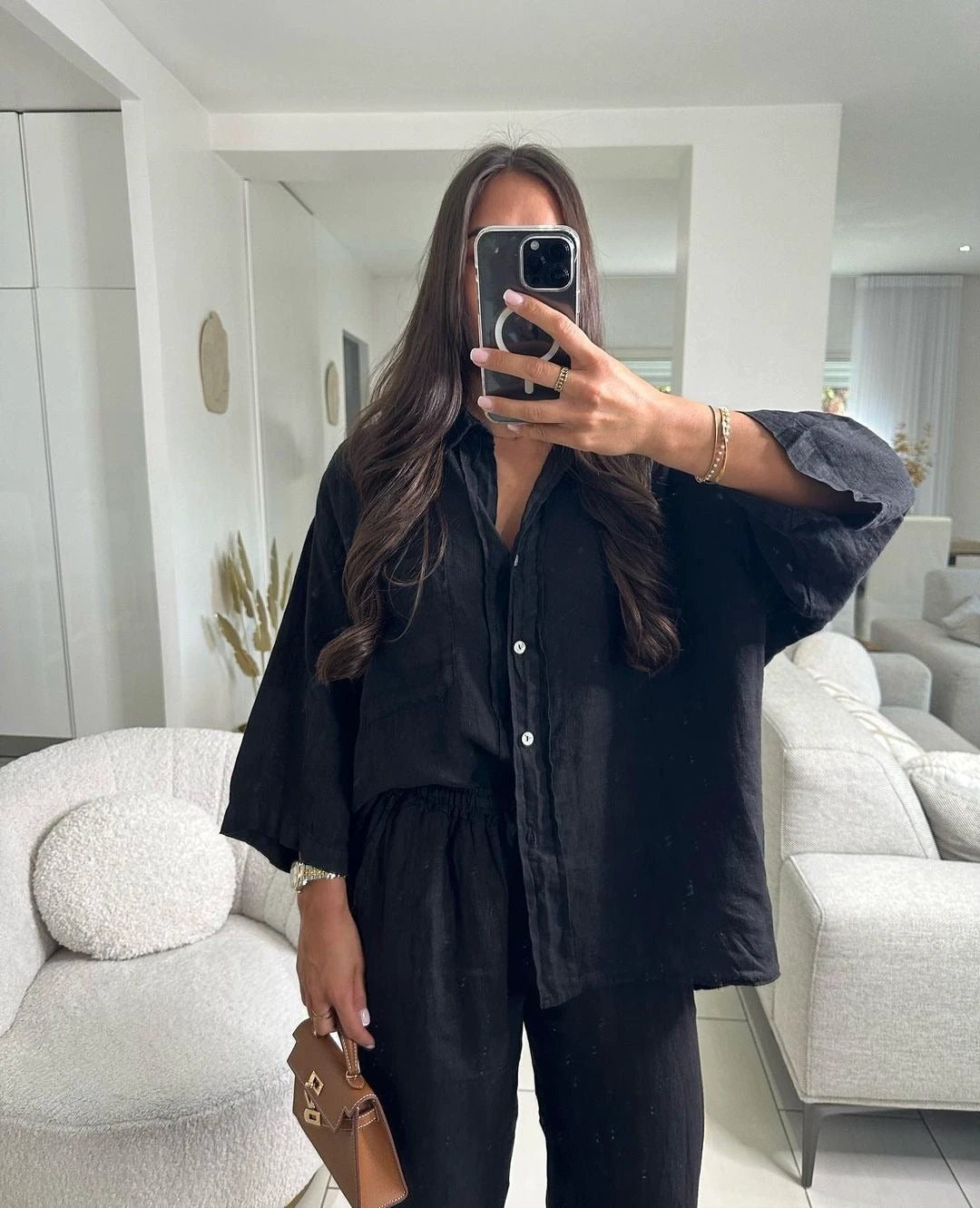 Aicg Women's Casual Polyester Pocket Shirt And Wide Leg Pants Set With Long Sleeves - MANDOTOS