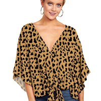 New V Neck Blouse Women Leopard Print Shirts Floral Tie Front Blouses Batwing Summer Oversize Ladies Tops - MANDOTOS INTERNATIONAL0