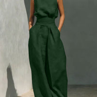 Women’s Cotton Linen Two-Piece Set – Sleeveless Top & Wide-Leg Pants