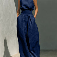 Women’s Cotton Linen Two-Piece Set – Sleeveless Top & Wide-Leg Pants