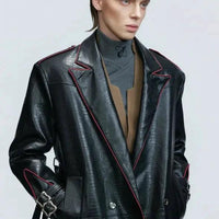 Wide Shoulder Fur Metal Belt Waist Long-cut Coat - MANDOTOS
