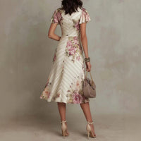 Ruffled Hem Maxi Dress – V-Neck Satin A-Line Color Block Dress