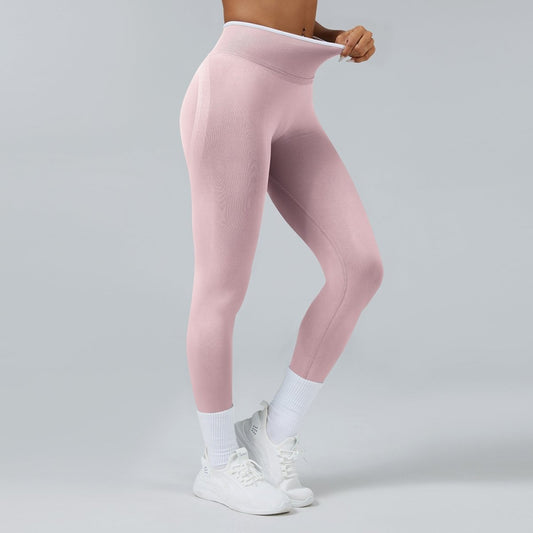 Seamless knitted tight high-waist pink yoga pants for sports, quick-drying