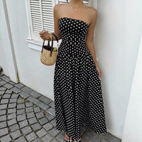 Polka-dot strapless off-shoulder maxi dress by Ancient Energy, black with white dots, ruched waist