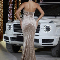 Fashion Velvet Halter Sheath Hollow-out Banquet Evening Dress MANDOTOS