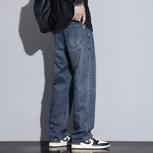 Fleece-lined American-style retro men's straight-leg pants in blue denim by Ancient Energy