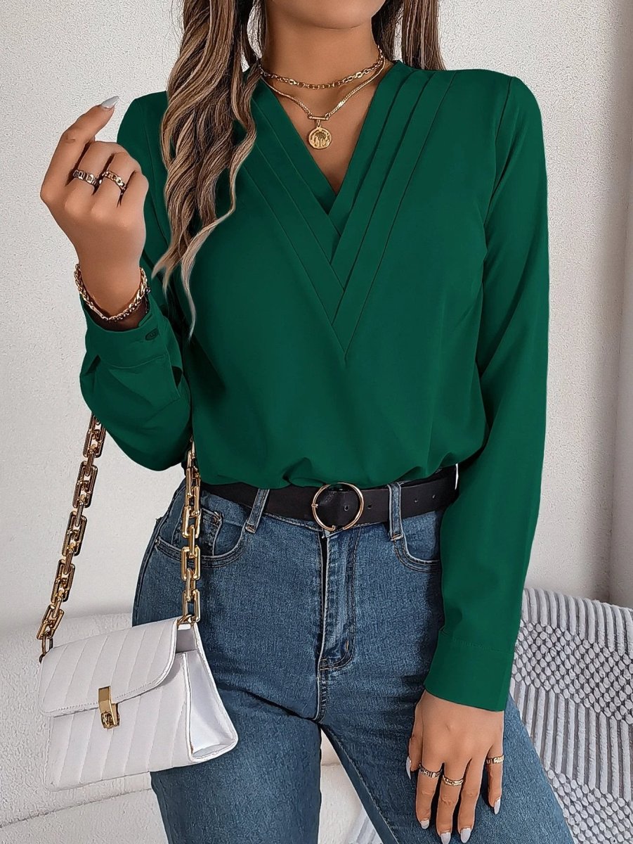 Fashion V - Neck Long Sleeve Shirt Elegant Commuter Solid Blouse Office Women's Clothing - MANDOTOS INTERNATIONAL0