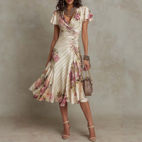 Ruffled Hem Maxi Dress – V-Neck Satin A-Line Color Block Dress