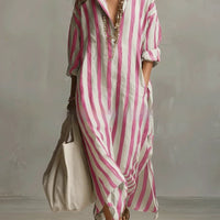 Striped Lapel Collar Dress – Side Slits & Pockets