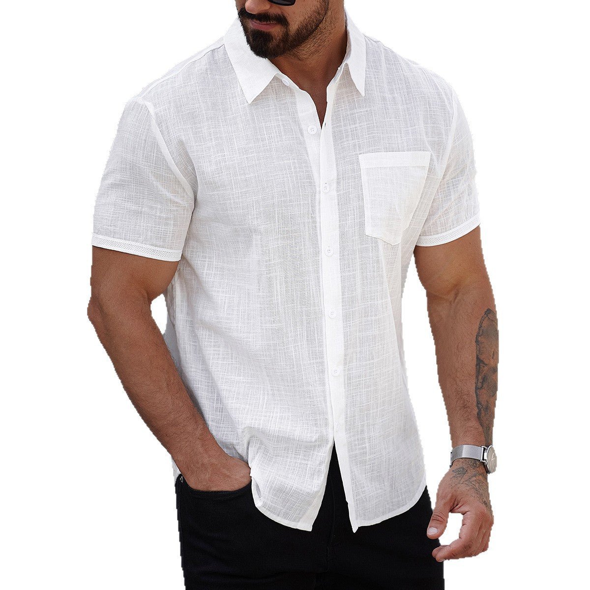 Men's white short-sleeve cotton shirt with front chest pocket