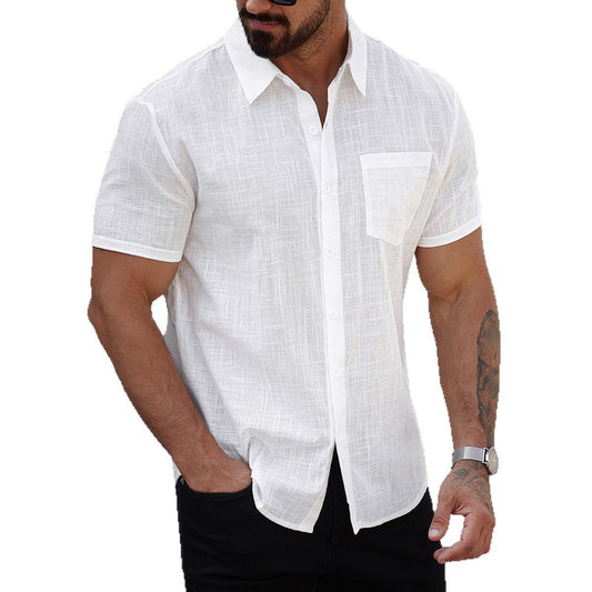 Men's white short-sleeve cotton shirt with front chest pocket