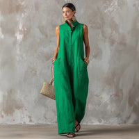 Linen Blend Sleeveless Stand-Collar Jumpsuit – 5 Colors S–3XL
