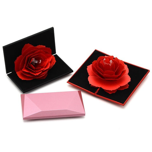 3D Love Box heart-shaped rotating rose ring box; red rose display in black and pink gift cases, set of 3