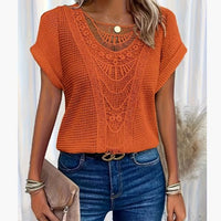 Summer hollow-out short-sleeved knit top in orange, ethnic style by Ancient Energy